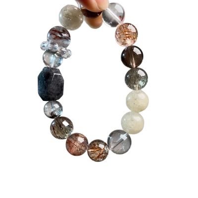 Vintage Large-Grain Natural White Crystal Lapis Lazuli Contrasting Color Bracelet Handmade Pink Crystal Hair Crystal Aquamarine Amethyst Rabbit Hair White Ghost Noble And Lucky