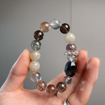 Vintage Large-Grain Natural White Crystal Lapis Lazuli Contrasting Color Bracelet Handmade Pink Crystal Hair Crystal Aquamarine Amethyst Rabbit Hair White Ghost Noble And Lucky