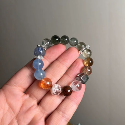 Vintage Large-Grain Natural White Crystal Lapis Lazuli Contrasting Color Bracelet Handmade Pink Crystal Hair Crystal Aquamarine Amethyst Rabbit Hair White Ghost Noble And Lucky