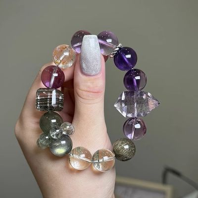Natural Ghost Hair Crystal Silver Hair Crystal Double Tip Light Luxury High-End Female Bracelet White Crystal Aquamarine Crystal Bracelet Simple Men And Women Couple Model Wholesale Light Luxury