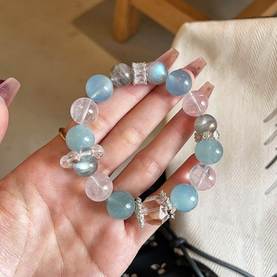 Natural Aquamarine Crystal Bracelet Eagle Eye Stone White Crystal Moonstone Bracelet Female Topaz Full Body Cow Nose White Crystal
