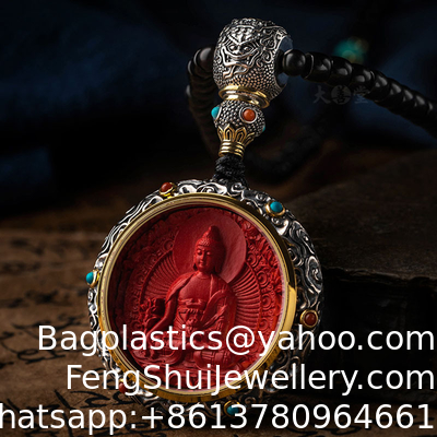 Ein guter Preis. Feng Shui Buddha Amulet Anhänger Halskette, Ebenholz Cinnabar Glücksschutz tibetischer buddhistischer Schmuck, Gesundheit Talisman Abwehr des Bösen Halskette, handgefertigte Holzschnitzerei Religion Geschenke Online