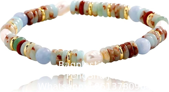 Buen precio Brazaletes con cuentas para mujeres Malaquita de piedra natural, piedra del arco iris, cuarzo rosa, brazalete de estiramiento de Amazonita Vintage 6mm 14K dorado coloridas piedras preciosas Boho Joyería hecha a mano en línea