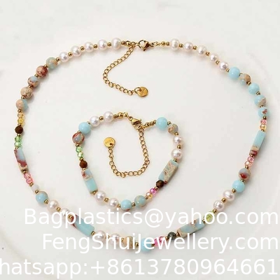 Ein guter Preis. Naturstein Frauen Shoushan Stein Mehrfarbige Kristallperlen Armband Halskette Kleines Zylinder Naturstein Halskette Edelstahl Gold Perlen Perlen Halskette für Frauen Online