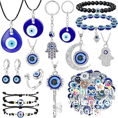 Ein guter Preis. Evil Eye Halskette, Armband, Ohrring, Ring, Schlüsselanhänger & Hamsa Hand Anhänger - Türkisches Schutzschmuck-Set Evil Eye Anhänger Halskette Glas Leder Seil Kette Türkisch Schutz Online