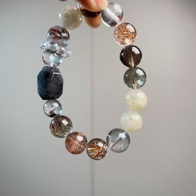 Bon prix Bracelet vintage en lapis-lazuli blanc naturel à gros grains, couleur contrastante, fait à la main, avec cristal rose, cristal de cheveux, aigue-marine, améthyste, cheveux de lapin, fantôme blanc, noble et chanceux en ligne