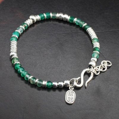 Bon prix 925 Sterling Silver Ancient Glass Bracelet Hand-Hammered Silver Spacer Beads Retro Tibetan Nomadic Woven Bracelet Courage And Heart Agate Turquoise Hand-Made Original Design Winding Hand-Woven Br en ligne