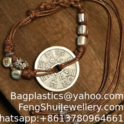Ein guter Preis. S925 Silber Berggeist Münze Braunes Armband Ca. 21,8gcm Vintage Geflochtenes Armband Kupfer Münze Roter Faden Paar Stil Ruyi Pingan Chinesischer Stil Online