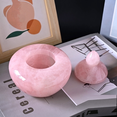 Good price Feng Shui Crystal Colorful Natural Rose Quartz Jade Rose Quartz Tea Can Semi-Precious Stone Sugar Box Carving Urn Crafts Ornaments Manufacturers online