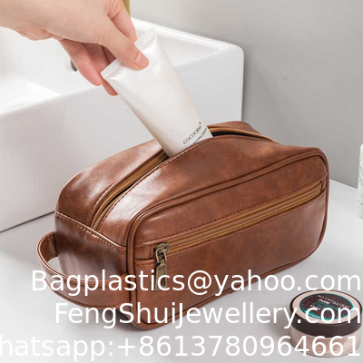Good price New Waterproof Pu Leather Mens Toiletry Bag Travel Storage Shaving Bag Dopp Kit Portable Wash Cosmetic Makeup Bag online