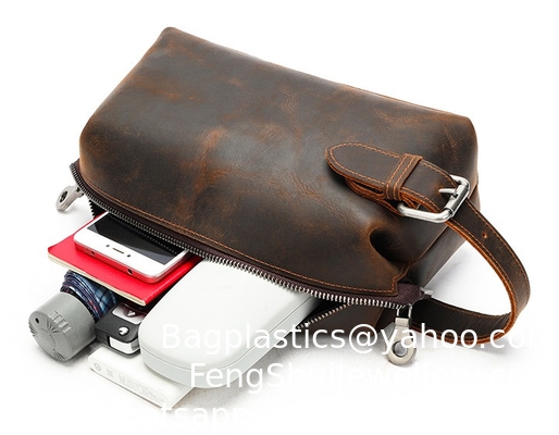 Bon prix Sac de toilette en cuir de cheval fou Vintage Sac de toilette en cuir authentique tissé en embrayage Unisexe Portable Sac de rangement portable Large capacité sac de toilette en cuir en gros en ligne