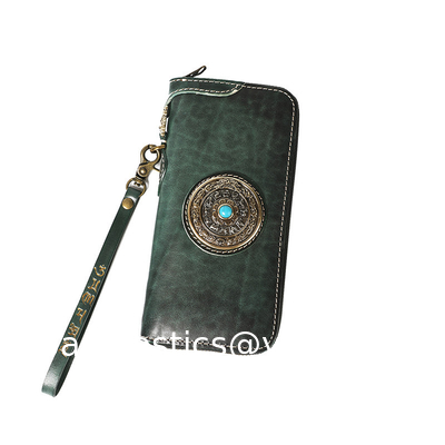 Bon prix New Handmade Wallet Men And Women Long Zipper Bag Ethnic Style Vertical Genuine Leather Rotating Nine-Square Wallet Men And Women en ligne