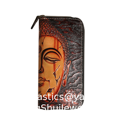 Bon prix Bouddha démon artisanal végétal cuir de vache tanné portefeuille japonais sculpté en cuir authentique fermeture à glissière longue pensée un portefeuille portable en ligne