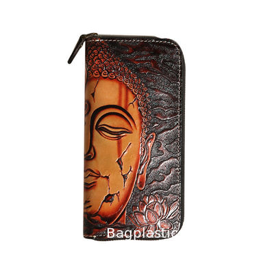 Buen precio Buda Demonio Hecho a mano Vegetal Cuero de vaca Bronceado Carpeta japonesa tallada Cuero genuino Cerradura larga Un pensamiento Clip de cartera portátil en línea