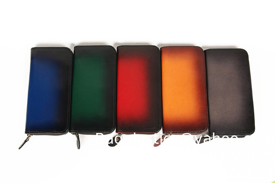 Bon prix Légumes Bronzé couche supérieure de cuir de vache Homme Contraste de couleur portefeuille de cuir authentique Longue embrayage Fermeture à glissière Embrayer Fabricant en gros en ligne