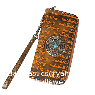 Bon prix National Style Tibetan Scripture Men And Women'S Genuine Leather Wallet Zipper Clutch Bag Nine-Square Grid Accessories Wallet Mobile Phone Bag Wholesale en ligne